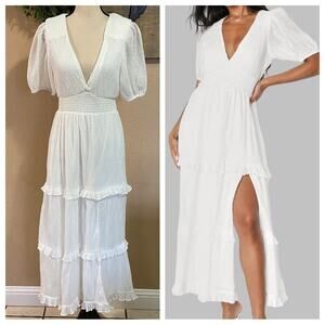 NWOT Lulus Tier to Please White Puff Sleeve Swiss Dot Midi Dress